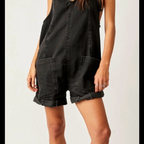 We The Free Denim - We The Free High Roller Short Overalls Black Size S | Free People Denim
